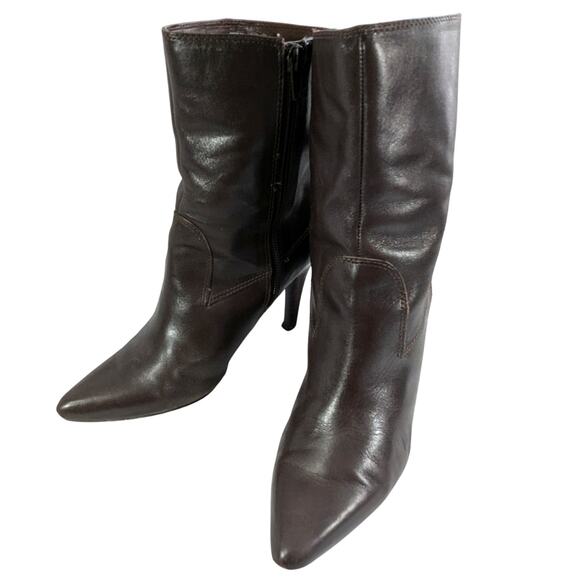 NINE WEST! DEEP ESPRESSO BROWN GENUINE LEATHER POINTY TOE ZIP BOOTS! SZ 8M - Picture 1 of 11